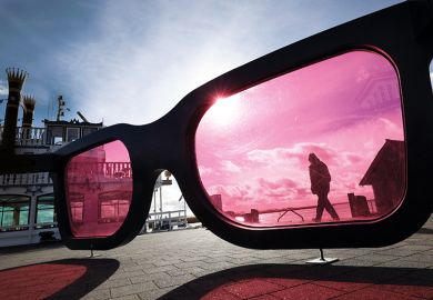 In Bodden harbour, large pink glasses Sea Pink II by Marc Moser, sculptor from Switzerland