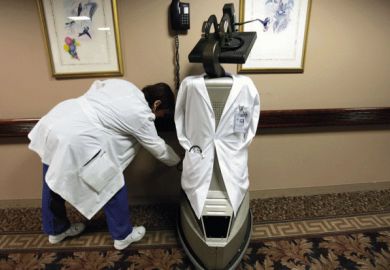 Machine wearing lab coat