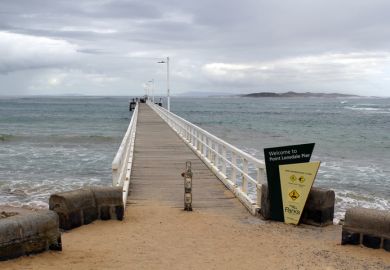 Point Lonsdale, Victoria, Australia - April 16, 2024 Point Lonsdale Pier with the ocean, beach and an overcast sky