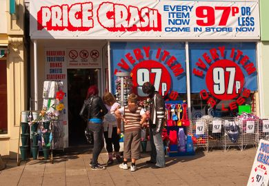 Price crash shop, where everything is 97 pence, illustrating "psychological pricing". Price crash shop, where everything is 97 pence, illustrating "psychological pricing".