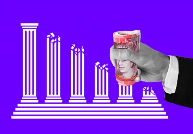 Using a roll of banknotes to replace a university column, to illustrate that more universities could look to private investment to cope with their growing money problems