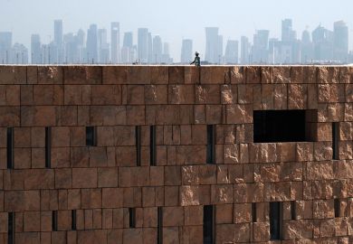 Doha skyline is a backdrop for Northwestern University in Qatar on the Education City campus in Doha, Qatar