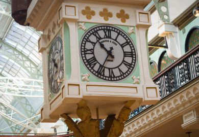 Queen Victoria Building, Sydney, Australia - May 14 2022  Lower section of the iconic Royal Clock with its distinctive black lined circle clock-face and Roman numerals framed by a light green square. Queen Victoria Building, Sydney, Australia - May 14 2022  Lower section of the iconic Royal Clock with its distinctive black lined circle clock-face and Roman numerals framed by a light green square.