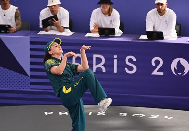 Australian breaker Rachael Gunn, also known as Raygun, during the B-Girls Round Robin breaking competition at La Concorde Urban Park in Paris, as part of the 2024 Paris Olympic Games, France, Friday 9 August 2024.