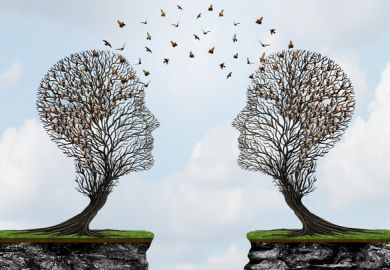 Birds fly between heads shaped like trees