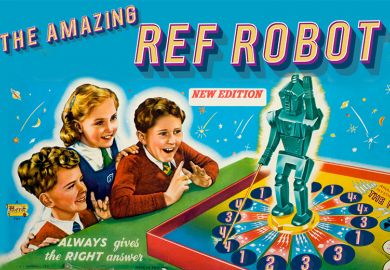 A robot game advert. The amazing REF robot “always gives the right answer”, with a robot pointing to scores of 1 to 4. To illustrate whether generative AI can improve the REF.