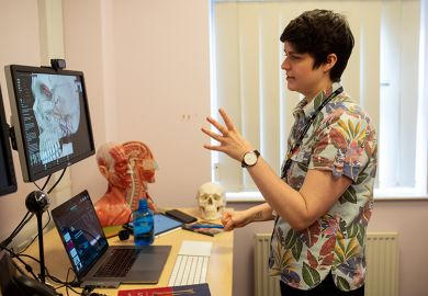 Senior lecturer in clinical anatomy prepares a remote learning session for her students from her office on the university campus in Hull, northern England on 5 March 2021.  In response to the Covid-19 lockdown the university moved to online teaching.