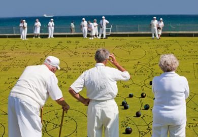 Retired academics calculating moves while playing bowls