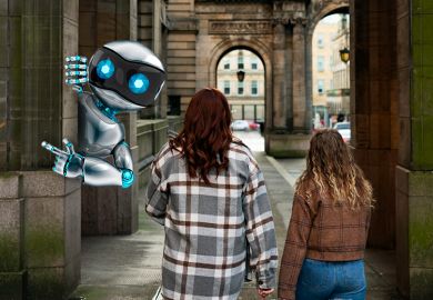 Robot pointing direction as two students walk through university entrance. To illustrate the use of AI in university recruitment.