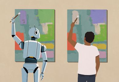 Illustration of a humanoid robot painting same artwork as man, with slight differences. As an illustration of submissions from spurious authors consisting of previously published papers altered by AI
