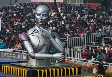 A large robot on a parade float at the Republic Day Parade 2024 in New Delhi, illustrating the large threat to liberal arts posed by AI