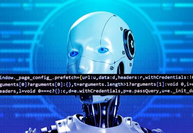 Robot with computer code over its mouth, illustrating AI censorship.