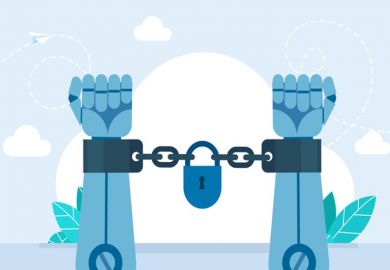 A robot's hands shackled, illustrating restrictions on AI use A robot's hands shackled, illustrating restrictions on AI use