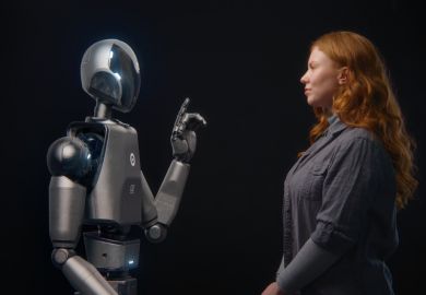A robot talks to a woman, illustrating AI interactions