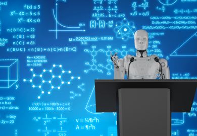 A robot delivers a virtual lecture
