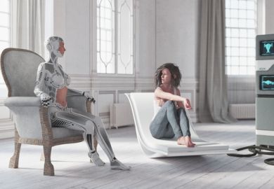 A robot talks to someone on a couch, illustrating AI's therapeutic use