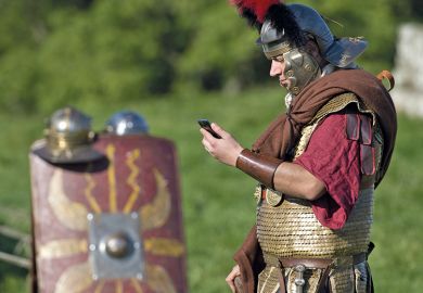 Roman centurion with mobile phone