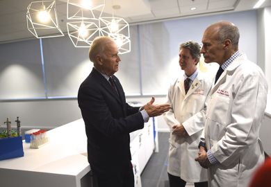 Joe Biden (L) meets with (C-R) Dr. Bruce Levine and Dr. Carl June, while touring the University of Pennsylvania, Perelman School of Medicine and Abramson Cancer Center in Philadelphia, Pennsylvania January 15, 2016. Joe Biden (L) meets with (C-R) Dr. Bruce Levine and Dr. Carl June, while touring the University of Pennsylvania, Perelman School of Medicine and Abramson Cancer Center in Philadelphia, Pennsylvania January 15, 2016.