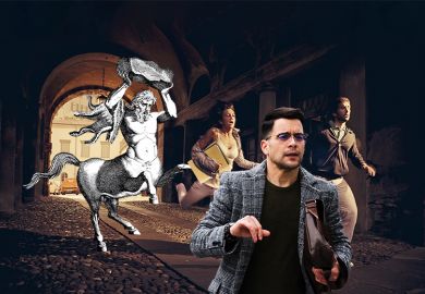 A centaur chasing academics who are afraid. The amalgamation of disparate disciplines (symbolised by the centaur) into larger administrative units is prompting fears about academic identity, voice and workload.