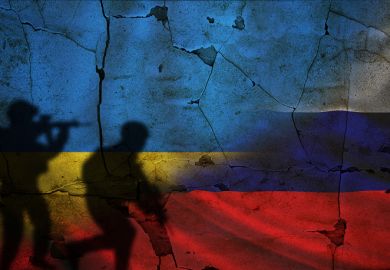Russian and Ukrainian flags with shadows of soldiers Russian and Ukrainian flags with shadows of soldiers