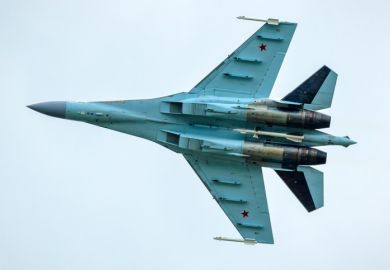 Russian Air Force plane Sukhoi Su-35 flies in sky, Russia