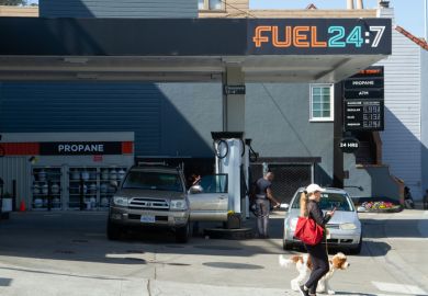 San Francisco, CA - March 18th, 2022 Drivers are filling up gas at prices above $6gallon at Fuel 247 station on Lombard Street in San Francisco