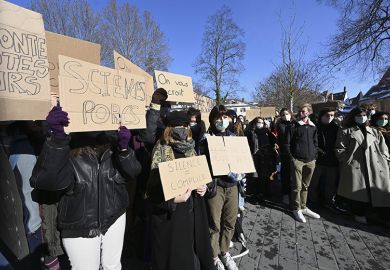 Students demonstrate in front of the Institut detudes politiques ('Sciences Po') university to denounce gender-based violence and the lack of action by the administration, in Strasbourg, France, February 12, 2021. Elite universities face campus reckoning