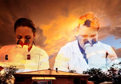 Storm rain clouds above house roof in Australia, superimposed with scientists using microscopes. To illustrate Australia’s blue research skies clouding over. Storm rain clouds above house roof in Australia, superimposed with scientists using microscopes. To illustrate Australia’s blue research skies clouding over.