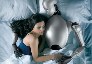 Sex robot. Woman in bed with robot