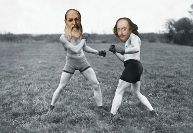 Shakespeare and Plato fist-fighting in field Shakespeare and Plato fist-fighting in field