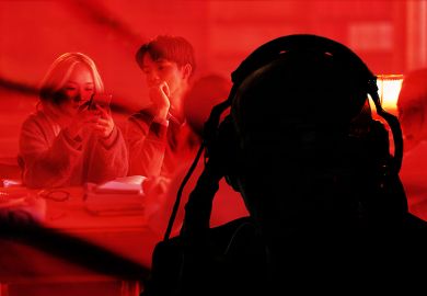 Silhouette of spy with headphones listening to students.