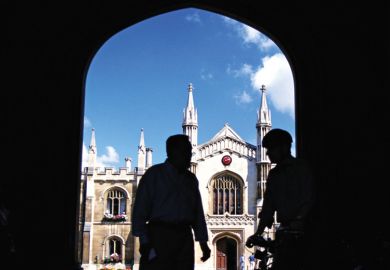 Silhouettes of men standing in university entrance