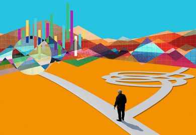 Person choosing a simple path over a complex one, with a data landscape in the background. To illustrate the simplifying the World University Rankings.