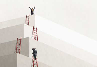 A many-levelled edifice with ladders between levels, illustrating the skills system