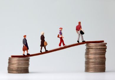 Miniature people walk from a low to a high pile of coins