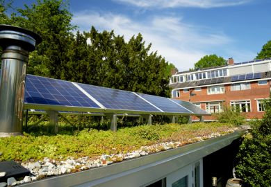 Solar panels on a sedum green rooftop garden in Helpman, Groningen