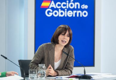 Spain’s minister of science, innovation and universities, Diana Morant, speaks at a press conference following the government’s approval of the royal decree establishing a new law on universities 