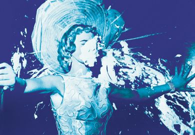 Elegant woman hit with a cream pie illustrating public rudeness in academia