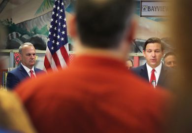 Florida Gov. Ron DeSantis (R) and Florida Education Commissioner Richard Corcoran (L) attend a press conference Florida Gov. Ron DeSantis (R) and Florida Education Commissioner Richard Corcoran (L) attend a press conference to illustrate Florida political bias threatens presidential searches