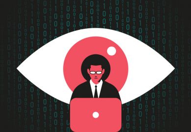 Giant eye watching at man working at the computer, symbolising spying