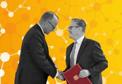 Britain’s prime minister Keir Starmer (R) and German chancellor Friedrich Merz (L) shake hands during a ceremony for the signing of a bilateral cooperation treaty in London, 17 July 2025, with science network background illustrating research collaboration