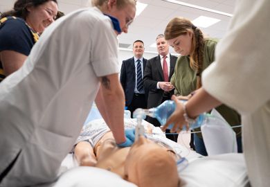 Labour leader Keir Starmer (right) and Wes Streeting watch a demonstration of CPR by training paramedics during a visit to Health Sciences Clinical Simulation Unit  which is part of York University