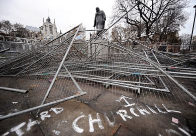 Statue of Winston Churchill, broken security barriers, Parliament Square, London Statue of Winston Churchill, broken security barriers, Parliament Square, London