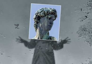 Illustration of a man's body with a statue's head in the classical style