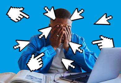 Student with laptop being bombarded by cursor icons, to illustrate being overloaded by emails Student with laptop being bombarded by cursor icons, to illustrate being overloaded by emails
