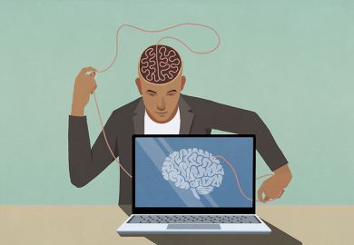 Student with brain unravelling in to a brain on a computer screen. To illustrate the increased use of AI by students, outsourcing their brain to the internet. Student with brain unravelling in to a brain on a computer screen. To illustrate the increased use of AI by students, outsourcing their brain to the internet.