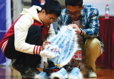 Students demonstrate lion dance robot, RoboGame competition, China