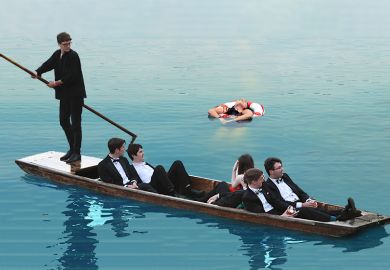 Students in dinner jackets punting past a woman in the water in a lifebelt. To illustrate that there is no incentive for wealthy institutions to support initiatives for insolvency plans.