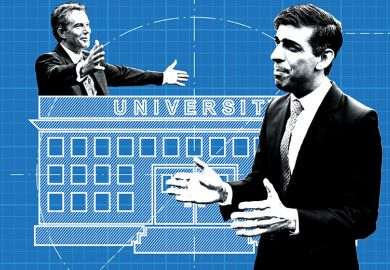 Montage showing Blair behind a university, Sunak in front of it