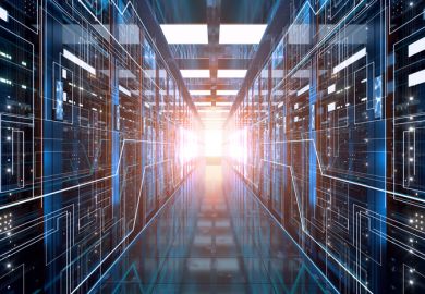 An aisle of computer server racks with light at the end, symbolising long-term vision